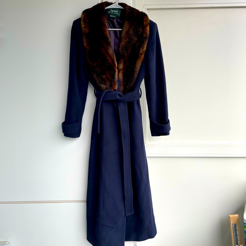RALPH LAUREN lamb wool navy blue tied long coat